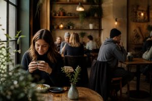 interiör av ett mysigt kafé med besökare som dricker kaffe och äter mat